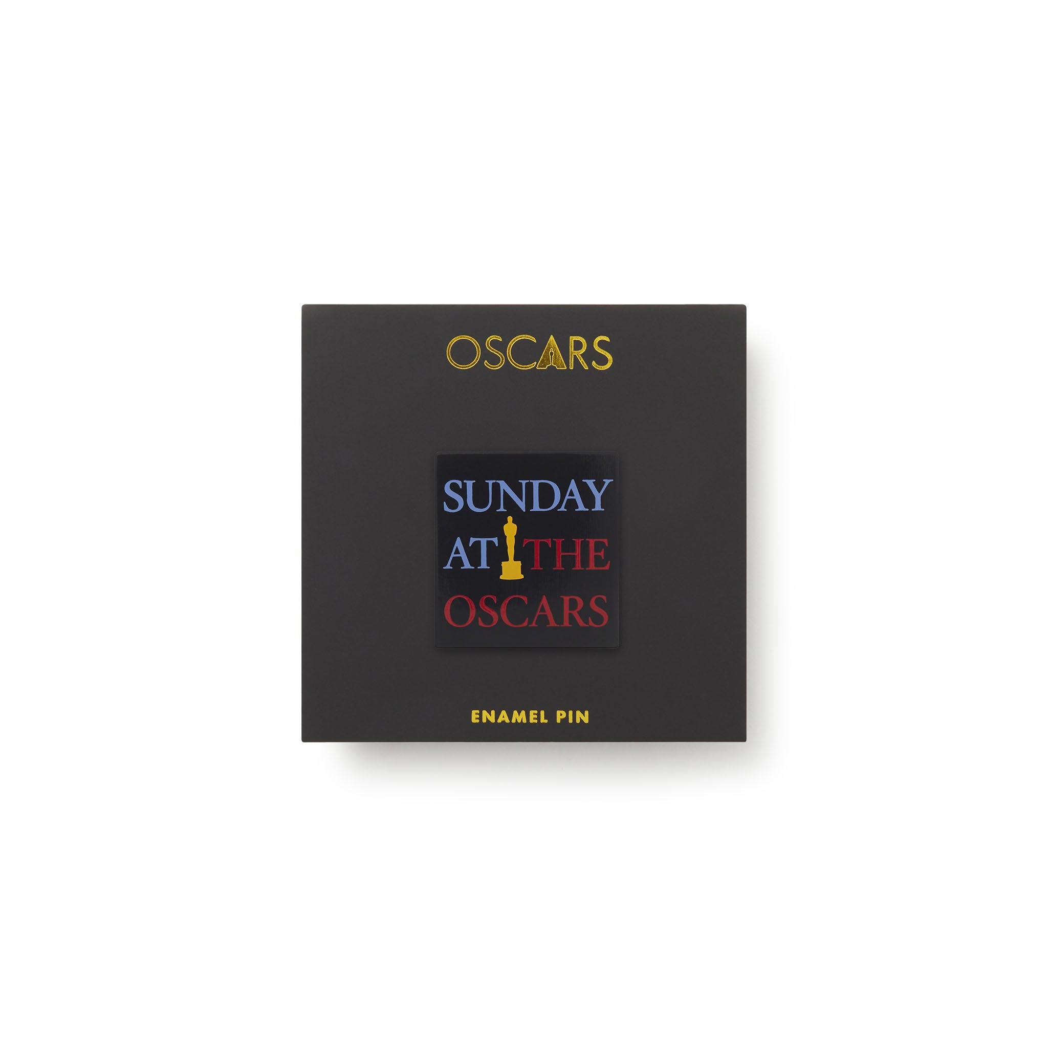 Black box with 'OSCARs' and 'Sunday at the Oscars' text on a white background Oscars logo lapel pin.