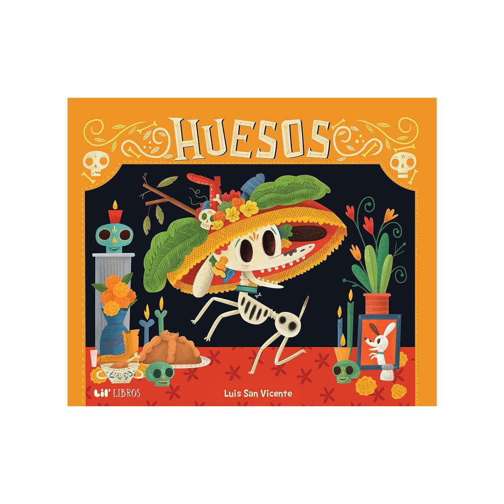 Book cover of 'HUESOS' with a skeleton, taco, and colorful design on an orange background