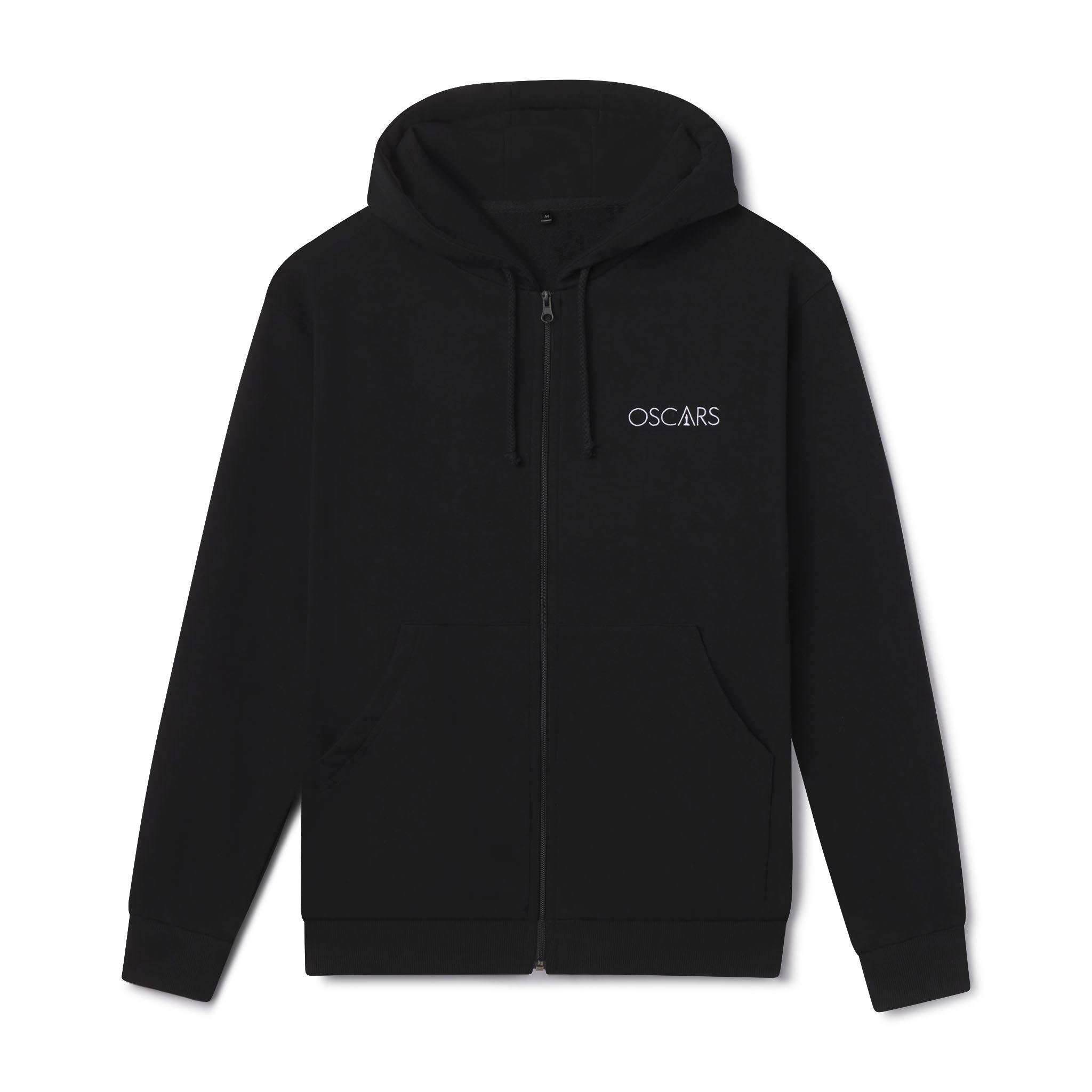 Men's Women's Adult Black hoodie with Oscars embroidery logo on a white background