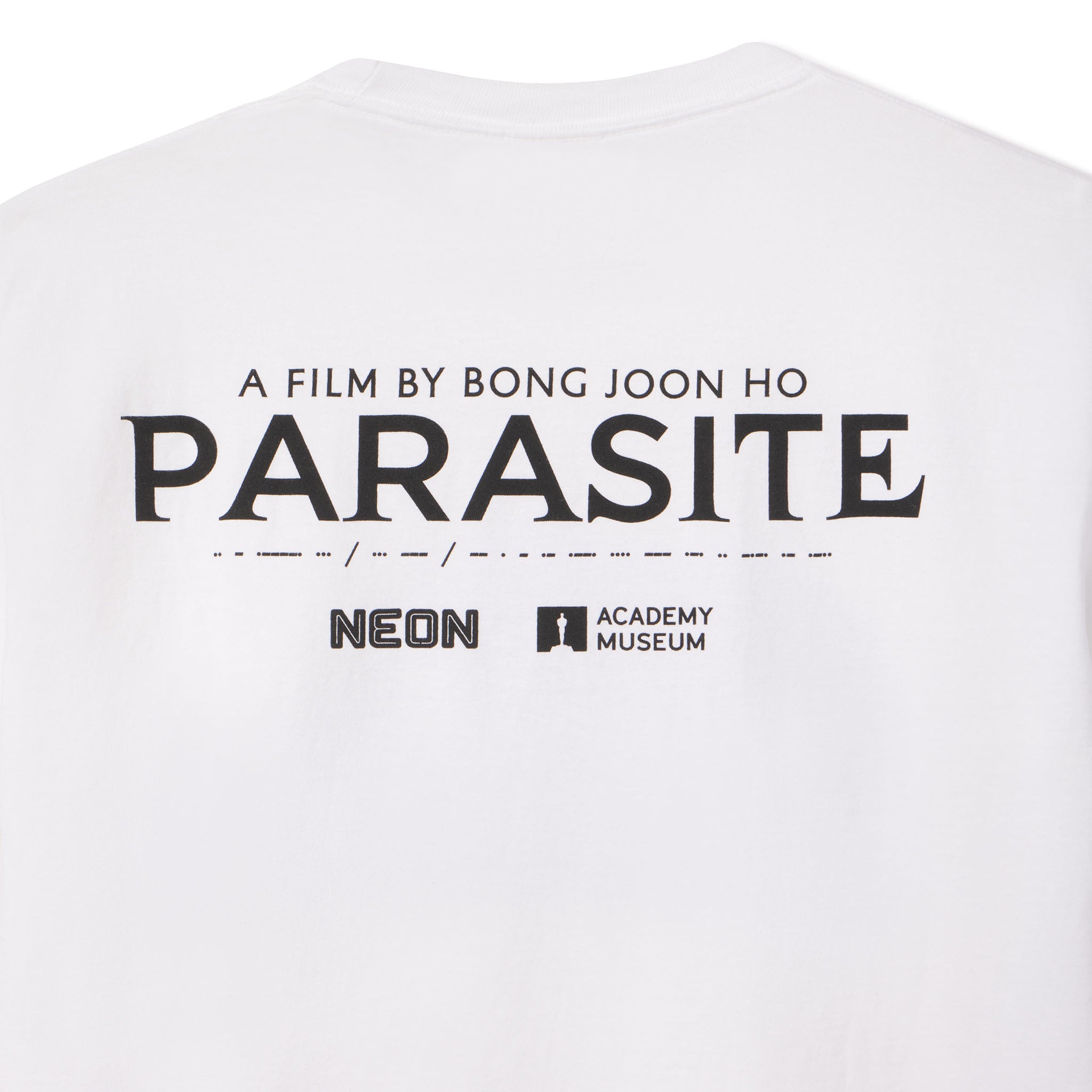 White t-shirt with 'Parasite' movie text and logos on a white background featuring logo of NEON and Academy Museum