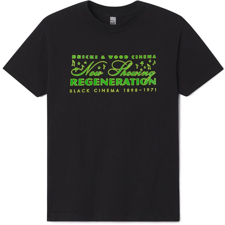 Black t-shirt with green text on a white background