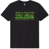 Black t-shirt with green text on a white background