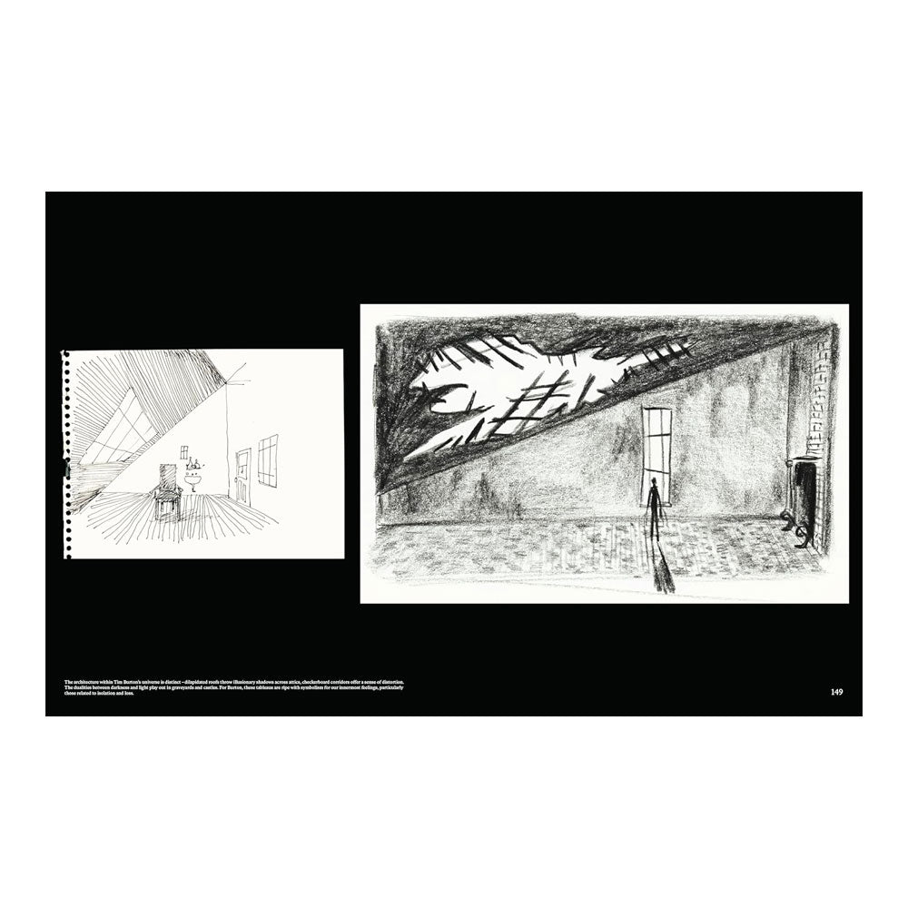 Two black and white architectural drawings of a room on a white background.