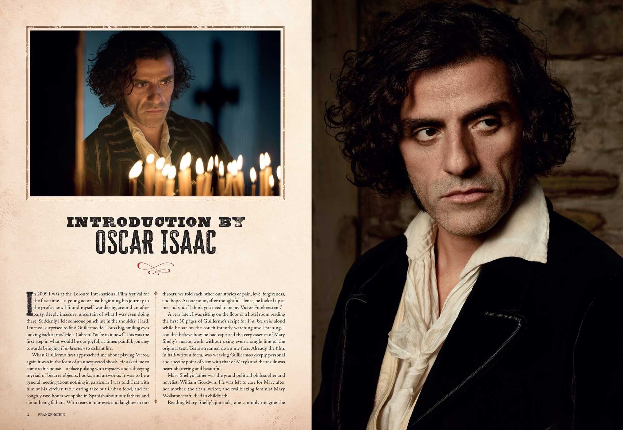 Man with candles and text introduction by Oscar Isaac on a beige background