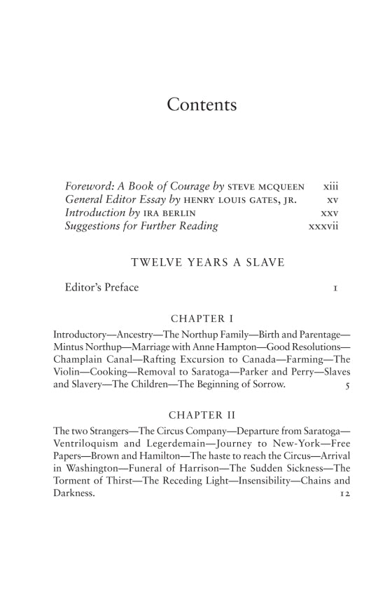 Table of contents page from a book titled 'Twelve Years a Slave' with chapter headings and page numbers.