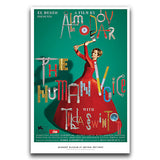 A movie poster for 'The Human Voice' featuring a colorful illustration of a character on stage with text elements creatively integrated into the design.