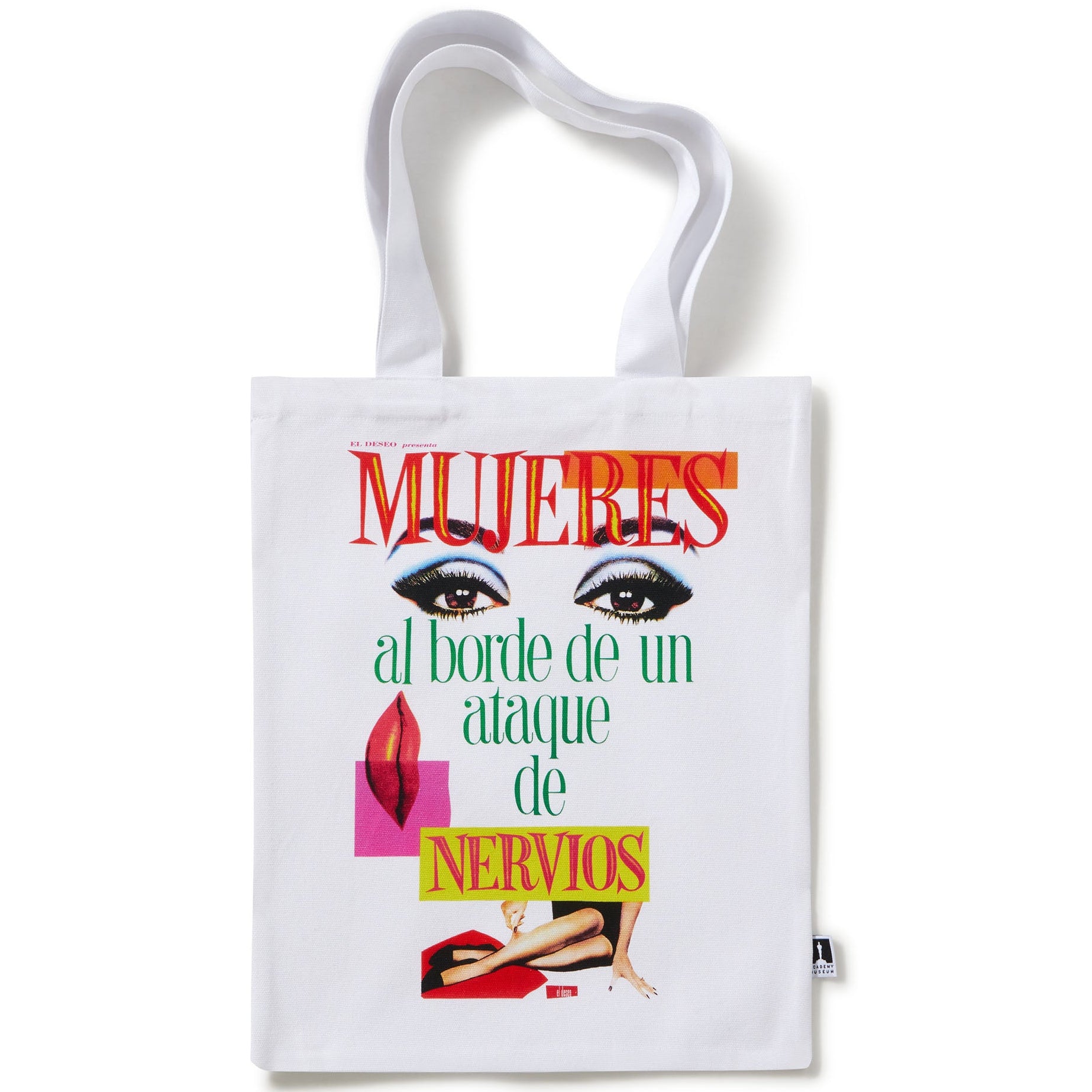 A white cotton canvas tote bag with text and graphic artwork related to the film 'Women on the Verge of a Nervous Breakdown'.