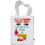 A white cotton canvas tote bag with text and graphic artwork related to the film 'Women on the Verge of a Nervous Breakdown'.