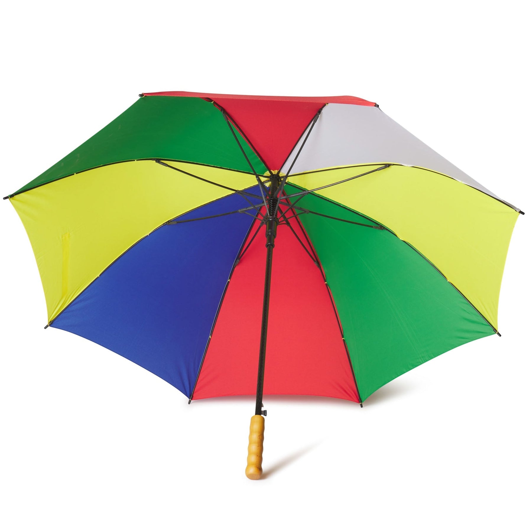A multicolored umbrella with a wooden handle, featuring panels in red, yellow, green, and blue, with the logo of the film 'Todo sobre mi madre' by Pedro Almodóvar on the closure strap.