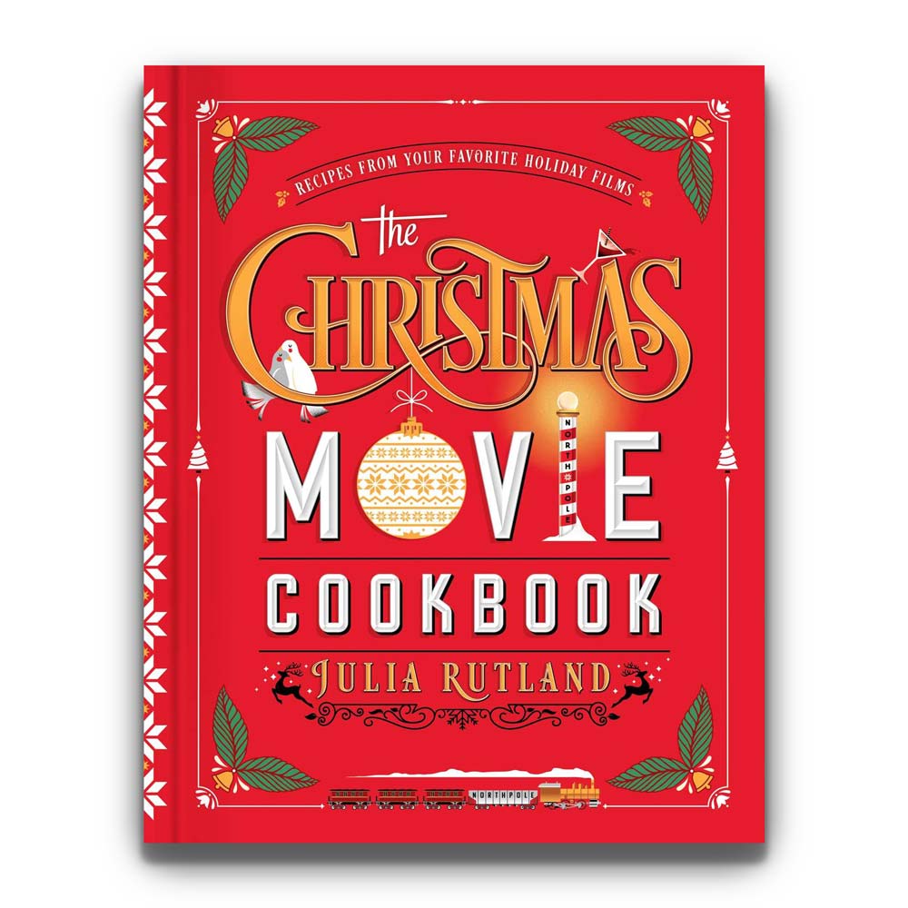 The cover of 'The Christmas Movie Cookbook' by Julia Rutland featuring a red background with holiday decorations and text detailing the book's title and author.