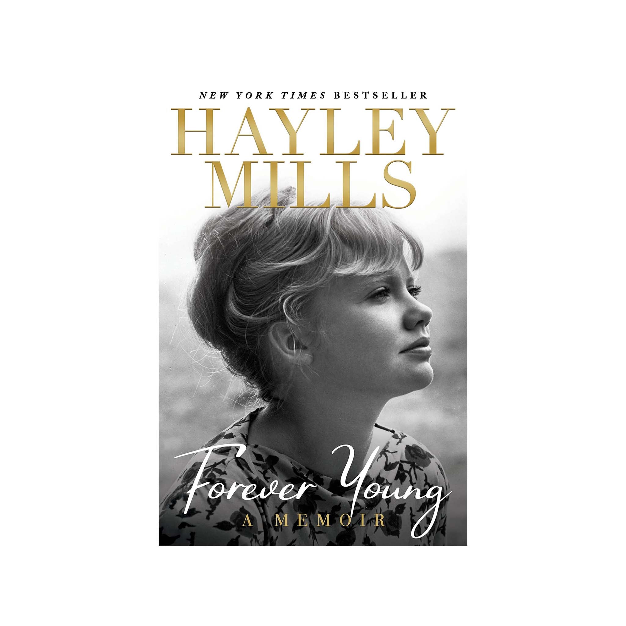 Cover of the book ' Forever Young: A Memoir ' by Hayley Mills, featuring a black and white photo of the author as a young child.