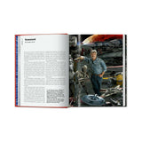 Open book showing a foreword on one page and a photo of a person with space-themed models on the other.