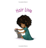 Book cover of 'Hair Love' with a girl petting a dog on a white background