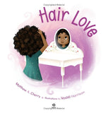 Book cover of 'Hair Love' with a child styling another child's hair.