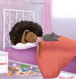 Illustration of a child waking up in bed with a cat, in a bedroom setting.