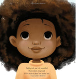 Illustration of a child with an afro and a quote about hair pride.