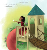 Illustration of a girl with braids standing on a playground structure, holding a butterfly.