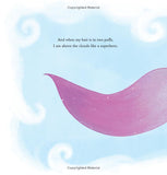 Pink hair styled in two puffs against a light blue sky with clouds, accompanied by a humorous text.