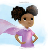 Illustration of a young girl with a pink cape against a light blue background