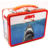 Metal lunch box with 'Jaws' shark design on a white background red trim and red handle vintage lunch box style 80's
