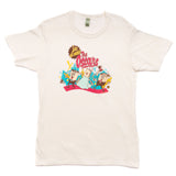 White t-shirt with colorful graphic design on a white background