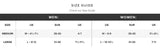 Size guide for men and women with measurements in US, EU, and UK.