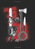 Illustration of various tools including an axe, chainsaw, and knife on a red and black background.
