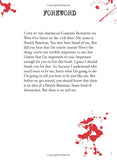 Text page from a book with red abstract designs on a white background