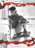 Man sitting on a skateboard with red abstract elements and text overlay