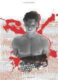 Collage of a shirtless person with goggles and a typewriter, surrounded by red abstract shapes and text.