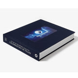 Navy blue book with a digital display on a white background