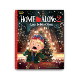 Book cover of 'Home Alone 2: Lost in New York' with a child in front of a Christmas tree and cityscape.