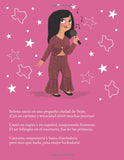 Illustration of a woman with a microphone on a pink background with stars and Texas shapes.