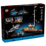 LEGO Ideas set packaging featuring a ship and shark model on a black  Jaws (1975) 50th Anniversary Lego Setbackground