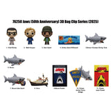 Promotional image of Jaws 50th Anniversary 3D Bag Clip Series with character figures and props on a white background.