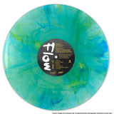 Vinyl record with a colorful marbled design on a white background. from the Oscar winning movie FLOW.
