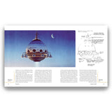 Illustration of a futuristic flying saucer with technical drawings on a white background