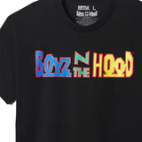Black t-shirt with 'Boyz N The Hood' colorful text design on a white background