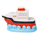 Orca boat from the movie Jaws (1975) with a white cabin and red hull on a white background