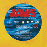Vinyl record label for 'Jaws'Original Motion Picture Score' with blue center and yellow background