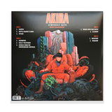 Vinyl record cover for 'Akira Symphonic Suite' with character in orange suit and cityscape. Soundtrack vinyl album cover from the cyberpunk movie Akira