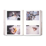 Open book showing a series of photos of a person lying in bed.