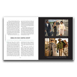 Book open to a page with text on the left and images of people on the right.
