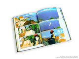 Open book displaying a colorful comic strip with various scenes and characters from Studio Ghibli anime movies
