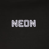 Black sweatshirt with 'NEON' embroidered in white on a black . movie logo of the oscar winning film Parasite by director Bong Joon Ho.background
