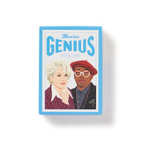 Playing card box with illustrations of two people and 'Movies Genius' text on a white background