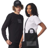 Two people wearing black and white clothing with text, standing against a white background. Academy Museum Logo Merchandise for Men and Women