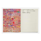 Colorful abstract pattern on one page and text on the other of a book or album cover.