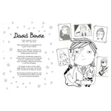 Black and white illustration of a person with a microphone and portraits on a white background