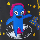 Blue character with pink headphones on a black background with robot and robot parts.